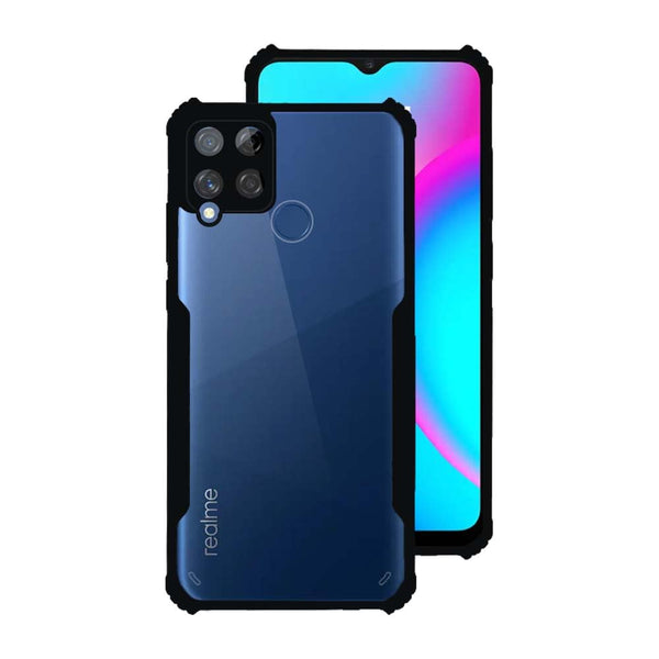 VAKIBO Best Selling Black and Transparent Coloured Made With Soft TPU and Acrylic Back Cover Case With 4 Corner and Camera Protection Suitable for Realme C15