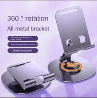 Cell Phone Stand, 360°Rotation Height Adjustable Phone Holder for Desk, Thick Case Friendly Foldable Portable Metal Base Stand Compatible with All Mobile