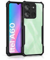 VAKIBO Best Selling Black and Transparent Coloured Made With Soft TPU and Acrylic Back Cover Case With 4 Corner and Camera Protection Suitable for iTel A60