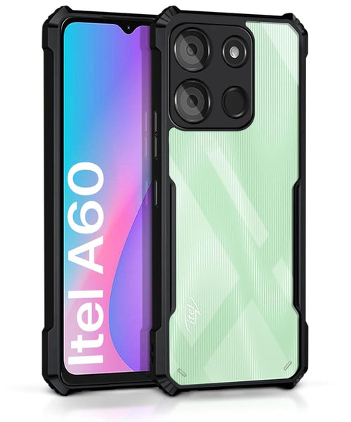 VAKIBO Best Selling Black and Transparent Coloured Made With Soft TPU and Acrylic Back Cover Case With 4 Corner and Camera Protection Suitable for iTel A60