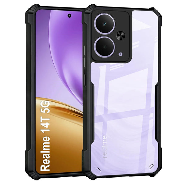 VAKIBO Best Selling Black and Transparent Coloured Made With Soft TPU and Acrylic Back Cover Case With 4 Corner and Camera Protection Suitable for Realme 14T