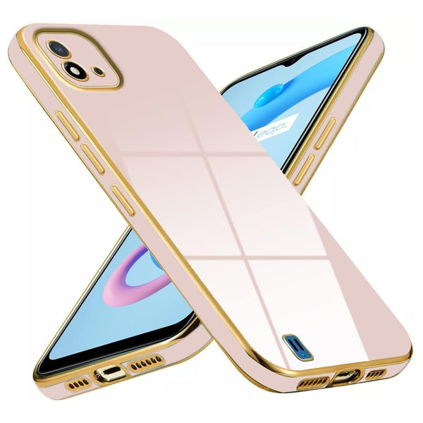 VAKIBO Golden Chrome Border Peach Coloured Soft TPU Back Cover Case With Camera Protection Suitable for Realme C11 2021