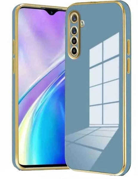 VAKIBO Golden Chrome Border Steel Blue Coloured Soft TPU Back Cover Case With Camera Protection Suitable for Realme XT