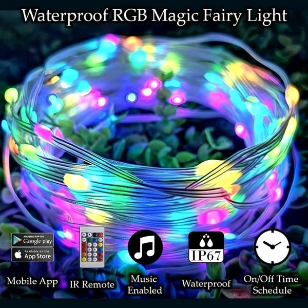 VAKIBO 100 LED RGB Smart IC Fairy Lights – 10M Multicolor String Lights with APP & Remote Control, USB Powered Waterproof Decorative Lights for Diwali, Christmas, Wedding, Party & Home Decoration