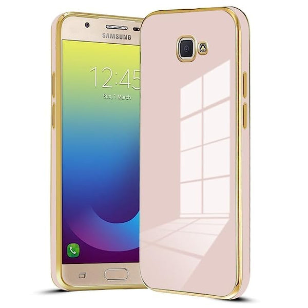 VAKIBO Golden Chrome Border Peach Coloured Soft TPU Back Cover Case With Camera Protection Suitable for Samsung Galaxy J7 Prime / On NXT  /On7 Prime