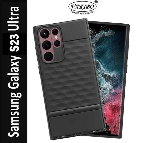 VAKIBO Parallax Design Black Coloured Soft TPU Rubber Back Cover Case With Camera Protection Ring Suitable for Samsung Galaxy S23 Ultra