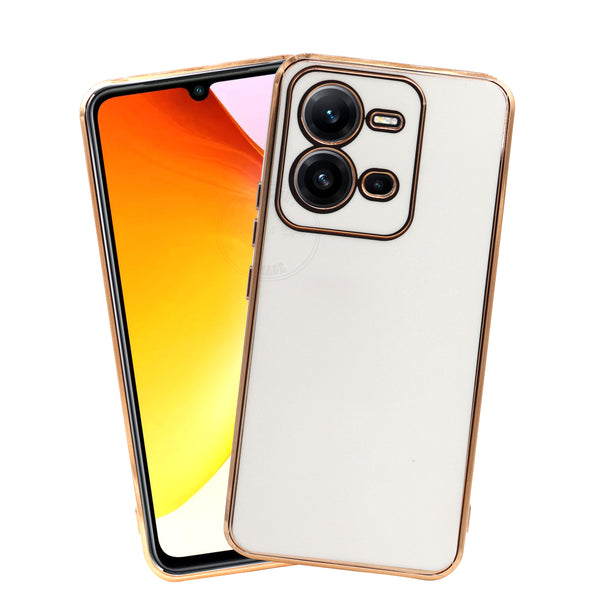 VAKIBO Golden Chrome Border white Coloured Soft TPU Back Cover Case With Camera Protection Suitable for Vivo V25