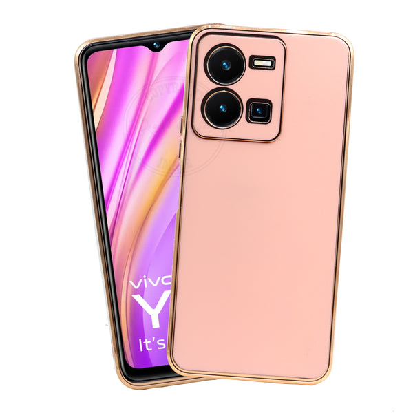 VAKIBO Golden Chrome Border Peach Coloured Soft TPU Back Cover Case With Camera Protection Suitable for Vivo Y35