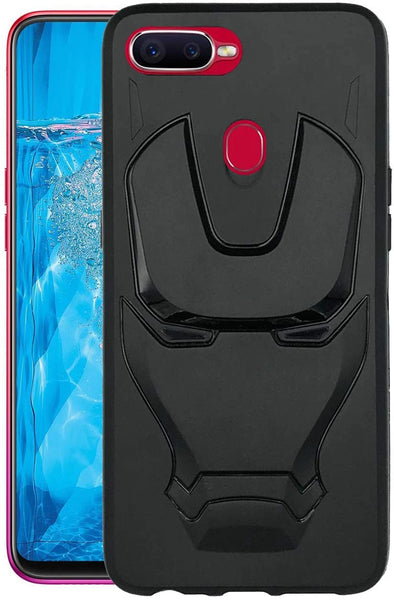 VAKIBO Iron Man 3D Mask Design Black Coloured Soft TPU Back Cover Case With Camera Protection Ring Suitable for Oppo F9 Pro