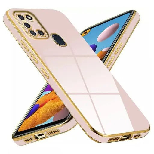 VAKIBO Golden Chrome Border Peach Coloured Soft TPU Back Cover Case With Camera Protection Suitable for Samsung Galaxy F41