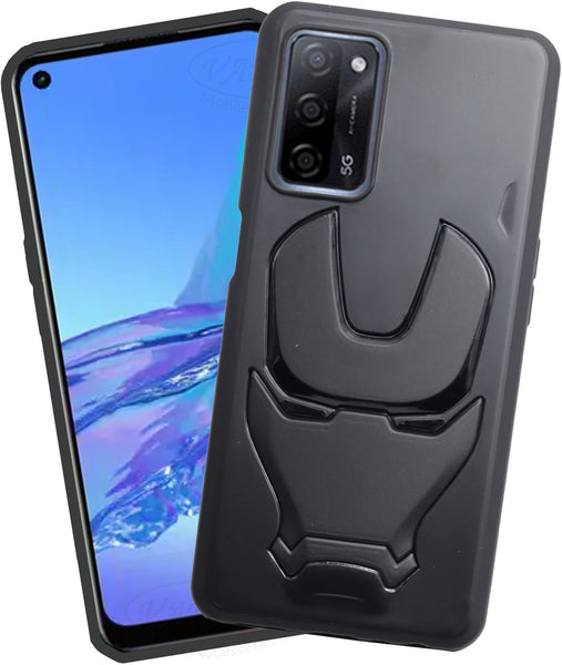 VAKIBO Iron Man 3D Mask Design Black Coloured Soft TPU Back Cover Case With Camera Protection Ring Suitable for Oppo A53s