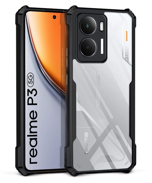 VAKIBO Best Selling Black and Transparent Coloured Made With Soft TPU and Acrylic Back Cover Case With 4 Corner and Camera Protection Suitable for Realme P3