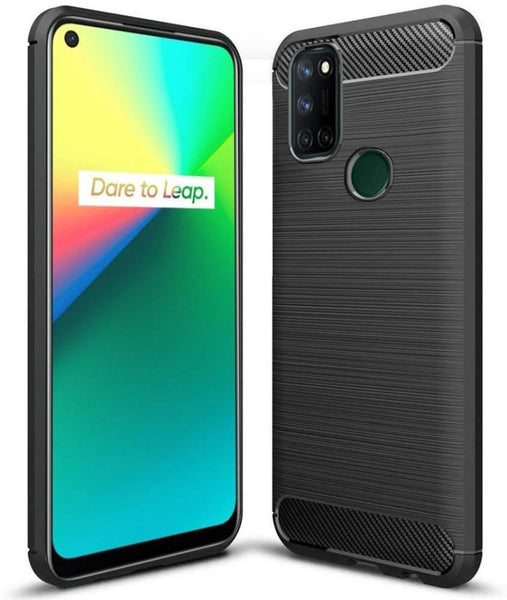 VAKIBO Carbon Fiber Brushed Black Coloured Soft TPU Back Cover Case With Camera Protection Ring Suitable for Realme C17