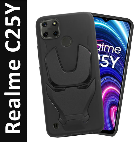 VAKIBO Iron Man 3D Mask Design Black Coloured Soft TPU Back Cover Case With Camera Protection Ring Suitable for Realme C25Y
