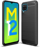 VAKIBO Carbon Fiber Brushed Black Coloured Soft TPU Back Cover Case With Camera Protection Ring Suitable for Samsung Galaxy M12