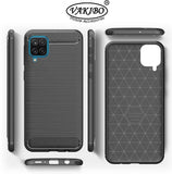 VAKIBO Carbon Fiber Brushed Black Coloured Soft TPU Back Cover Case With Camera Protection Ring Suitable for Samsung Galaxy F12