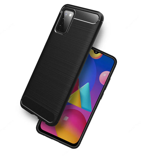 VAKIBO Carbon Fiber Brushed Black Coloured Soft TPU Back Cover Case With Camera Protection Ring Suitable for Samsung Galaxy F02s