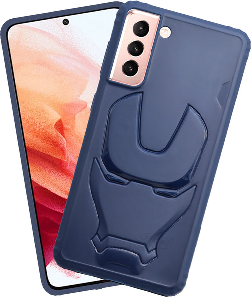 VAKIBO Iron Man 3D Mask Design Blue Coloured Soft TPU Back Cover Case With Camera Protection Ring Suitable for Samsung Galaxy S21 Plus