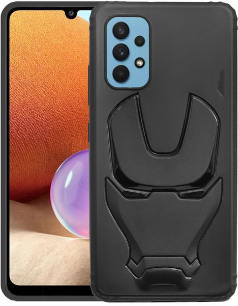 VAKIBO Iron Man 3D Mask Design Black Coloured Soft TPU Back Cover Case With Camera Protection Ring Suitable for Samsung Galaxy A32 5G