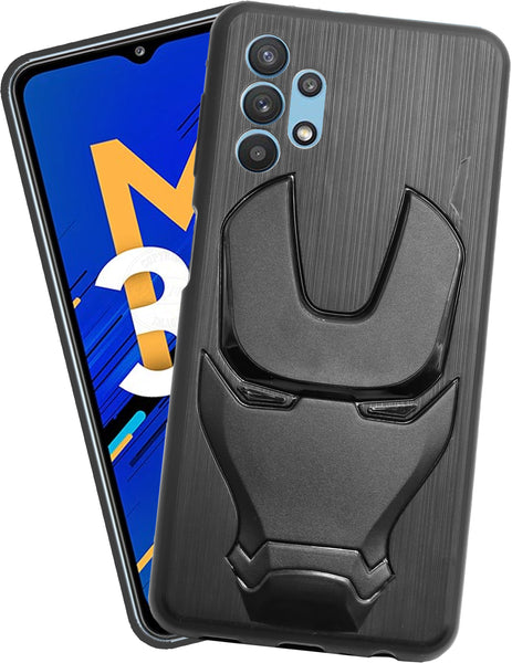 VAKIBO Iron Man 3D Mask Design Black Coloured Soft TPU Back Cover Case With Camera Protection Ring Suitable for Samsung Galaxy M32 5G