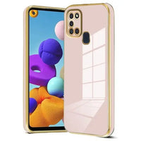VAKIBO Golden Chrome Border Peach Coloured Soft TPU Back Cover Case With Camera Protection Suitable for Samsung Galaxy F41