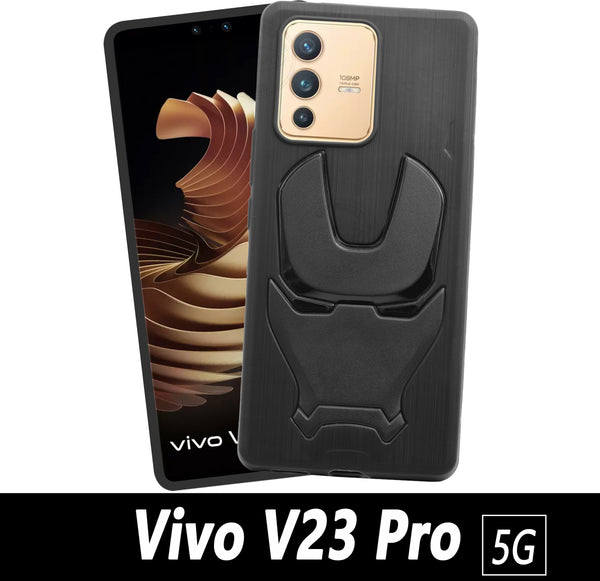 VAKIBO Iron Man 3D Mask Design Black Coloured Soft TPU Back Cover Case With Camera Protection Ring Suitable for Vivo V23 Pro