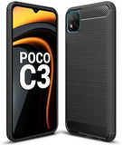 VAKIBO Carbon Fiber Brushed Black Coloured Soft TPU Back Cover Case With Camera Protection Ring Suitable for Mi Poco C3