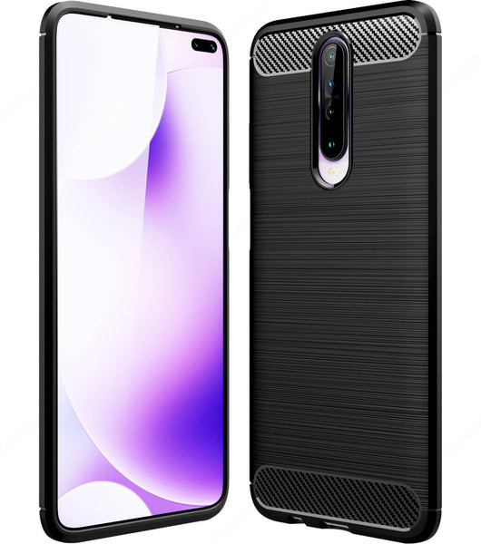 VAKIBO Carbon Fiber Brushed Black Coloured Soft TPU Back Cover Case With Camera Protection Ring Suitable for MI Poco X2